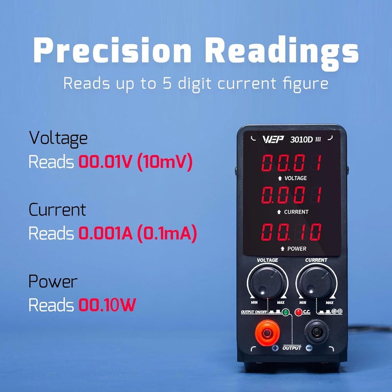 WeP 3010D-III DC Variable Power Supply 30.00V 10.00A High Precision Bench Lab Power Supply with Alligator Clips for anodizing kit, Electroplating, arduino, breadboard - Image 2